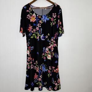 Susan Graver Dress Womens 1X Black Floral Print Short Sleeve Pockets Stretch
